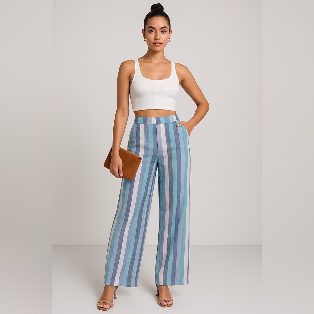 Karina Grimaldi Revolve Blue Linen Wide Leg Striped Pants size XS